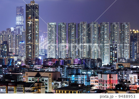 crowded building at night in Hong Kong crowded building at night in Hong Kong 9488953