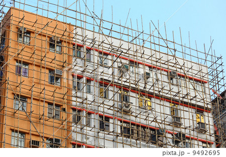 bamboo scaffolding of repairing old building 9492695