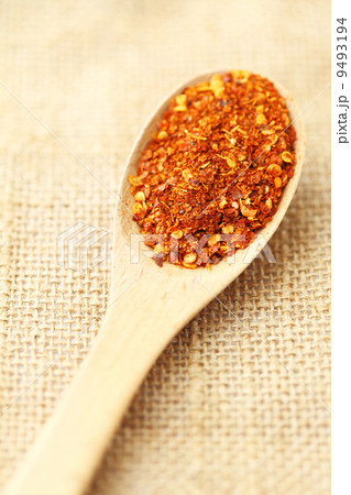 Chili powder on wooden spoon 9493194