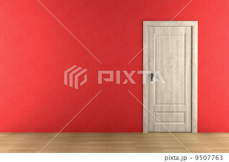 closed brown wooden door on red wall closed brown wooden door on red wall 9507763
