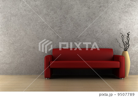 red sofa and vase with dry wood in front of gray wall 9507789