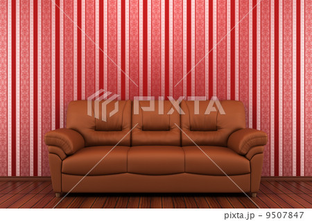 brown leather sofa in front of red stripped wall 9507847