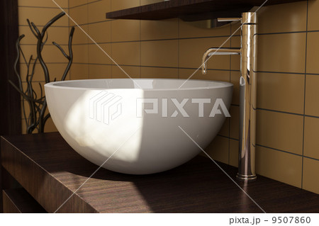 close-up shot of white round sink in bathroom 9507860
