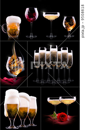 set with different drinks on black background 9508618