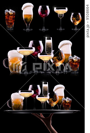 set with different drinks on black background 9508664