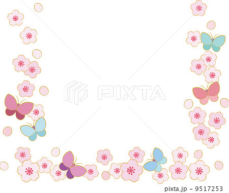 桜とカラフルな蝶のフレームのイラスト素材