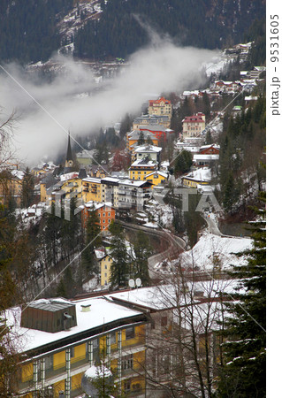 Houses and fog in Alps mountain resort village Bad Gastein 9531605