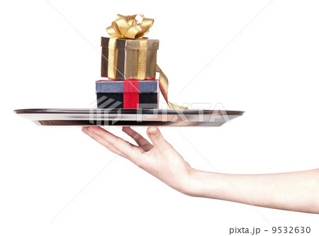 hand and gift over white background 9532630