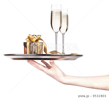 tray with champagne and gift box. tray with champagne and gift box. 9532803