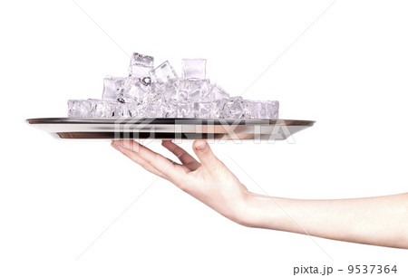 silver tray full of ice with hand silver tray full of ice with hand 9537364