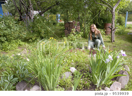 Young pretty woman looks after behind plants in the garden.. 9539939