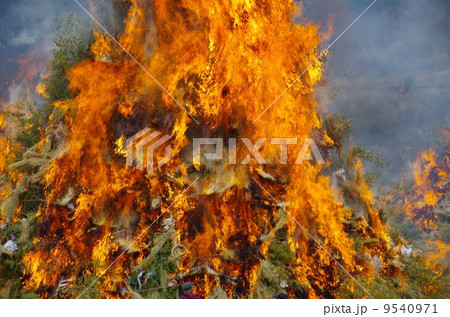 熊本県美里町のみどりかわ湖どんど祭り　点火されたばかりで勢いよく燃えるどんどや　 9540971