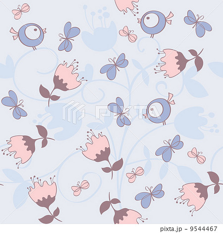Seamless pattern with flowers and birds. Cute seamless. Seamless pattern with flowers and birds. Cute seamless. 9544467