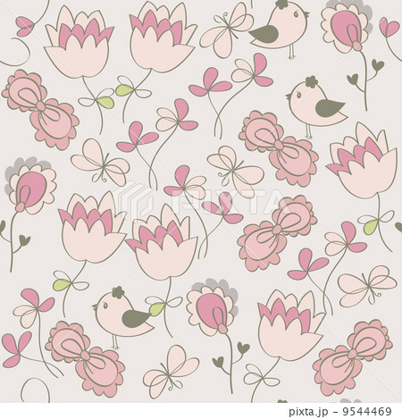 Seamless pattern with flowers and birds. Cute seamless. Seamless pattern with flowers and birds. Cute seamless. 9544469