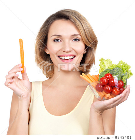 Beautiful young healthy woman with a plate of vegetables. Beautiful young healthy woman with a plate of vegetables. 9545401