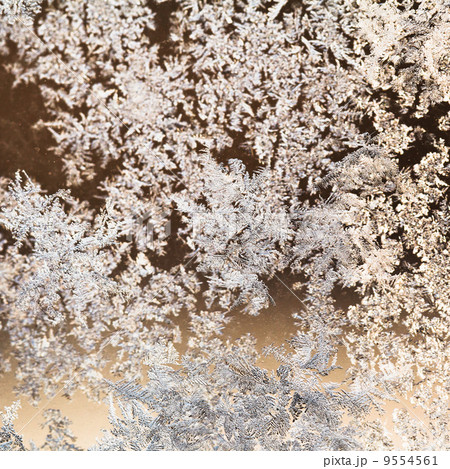 snowflakes and frost pattern on glass close up 9554561