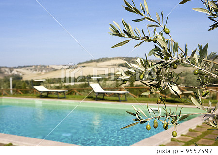 Chairs in the garden of a luxury country house in the famous tuscan hills, Italy. 9557597