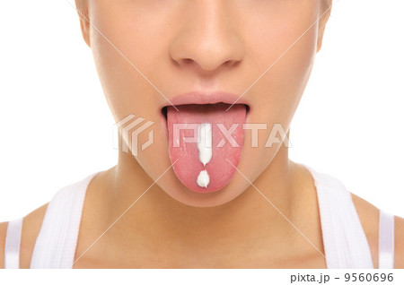 Woman puts out tongue with drawn exclamation mark 9560696