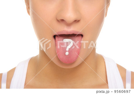 Woman puts out tongue with drawn question mark 9560697