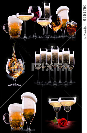 set with different drinks on black background 9561766