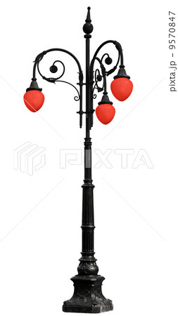 Vintage iron lamppost with red light isolated on white 9570847