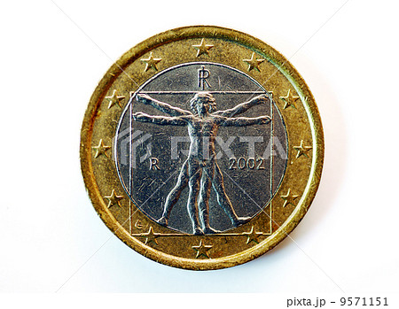 1ユーロ硬貨 ウィトルウィウス的人体図の写真素材
