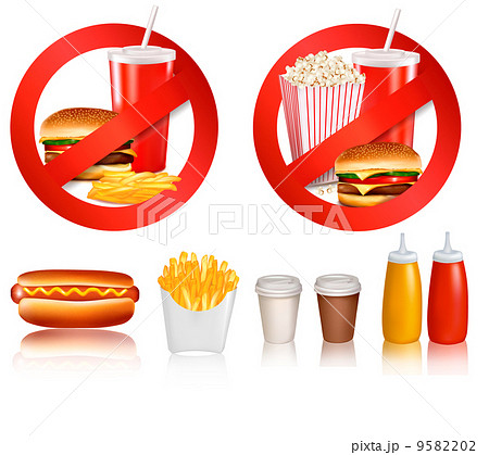 Two Fast food danger labels and group of fast food products.. Ve 9582202
