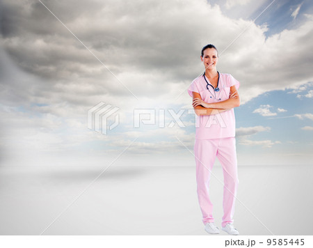 Composite image of beautiful nurse standing in front of the came 9585445