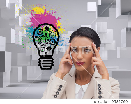 Composite image of young businesswoman putting her fingers on he 9585760