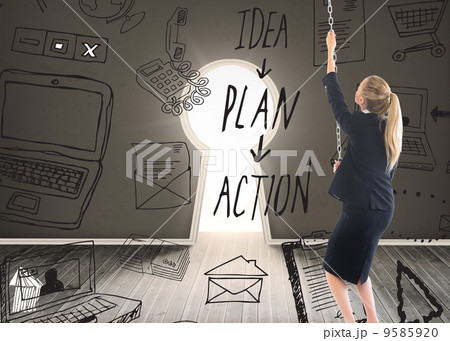 Composite image of businesswoman pulling a chain 9585920