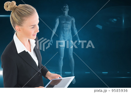 Composite image of businesswoman holding tablet 9585936