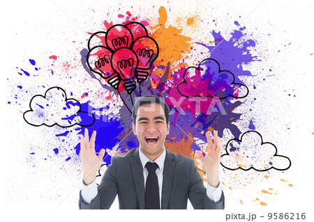 Composite image of excited businessman with arms raised 9586216