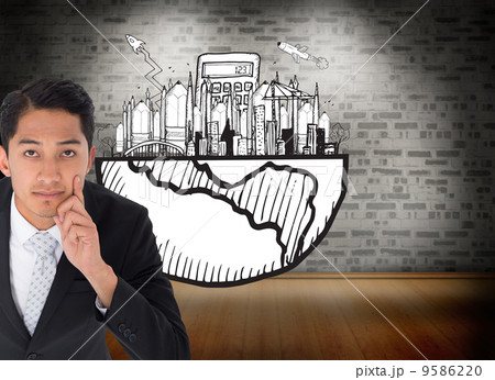 Composite image of thoughtful asian businessman pointing 9586220