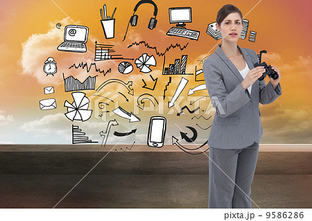 Composite image of curious young businesswoman posing with binoc 9586286