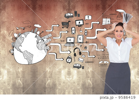 Composite image of worried stylish businesswoman holding newspap Composite image of worried stylish businesswoman holding newspap 9586419