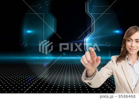 Composite image of portrait of businesswoman touching invisible Composite image of portrait of businesswoman touching invisible 9586468