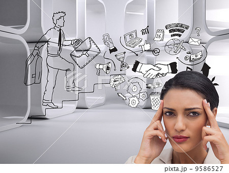 Composite image of young businesswoman putting her fingers on he 9586527