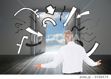 Composite image of rear view of surprised mature businessman pos 9586679