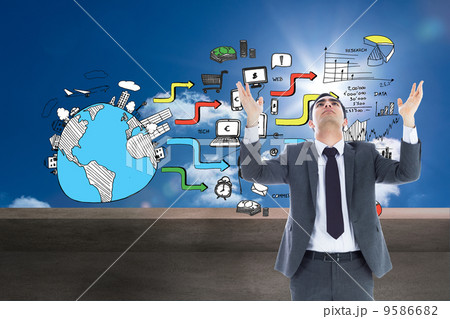 Composite image of unsmiling businessman with arms raised Composite image of unsmiling businessman with arms raised 9586682