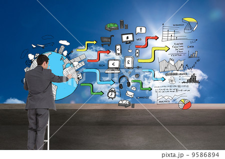 Composite image of businessman standing on ladder Composite image of businessman standing on ladder 9586894