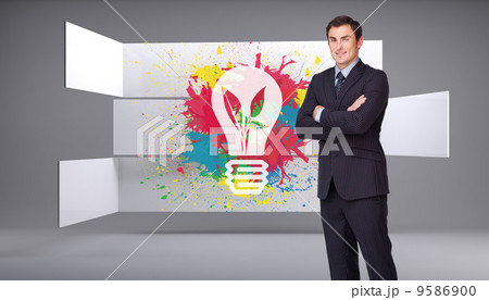 Composite image of young businessman standing cross-armed 9586900
