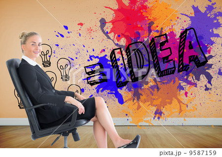 Composite image of businesswoman sitting on swivel chair in blac 9587159