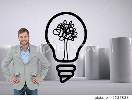 Composite image of stylish man smiling with hands on hips 9587388