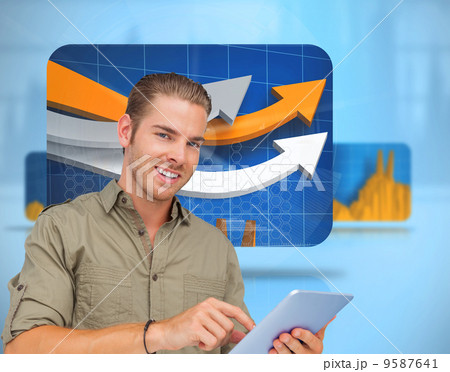 Composite image of happy man using tablet pc 9587641