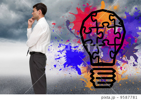 Composite image of thoughtful young businessman looking away 9587781