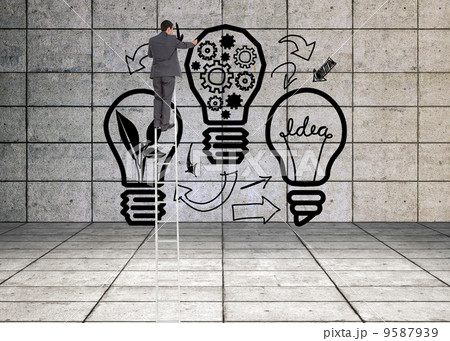 Composite image of businessman standing on ladder 9587939