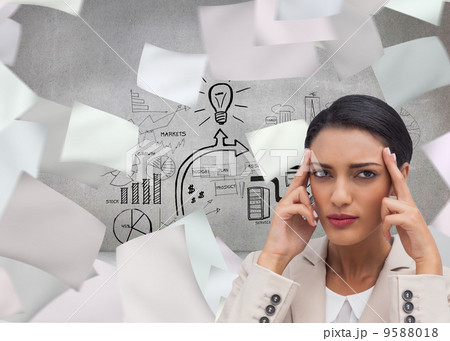 Composite image of young businesswoman putting her fingers on he Composite image of young businesswoman putting her fingers on he 9588018