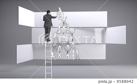 Composite image of businessman standing on ladder 9588042