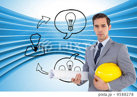 Composite image of serious architect holding plans and hard hat 9588278