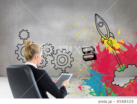 Composite image of businesswoman sitting on swivel chair with ta 9588329
